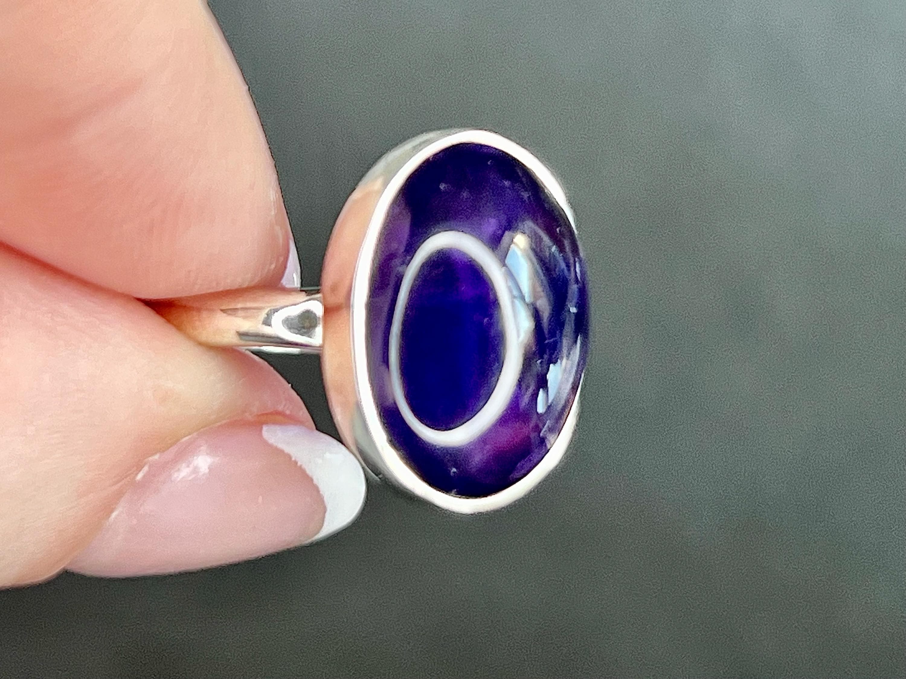 Amethyst Crystal Ring, UK Size N & 1/2, 925 Sterling Silver, Healing Crystal Jewellery Gift, Purple Gemstone for anxiety, Ethically sourced