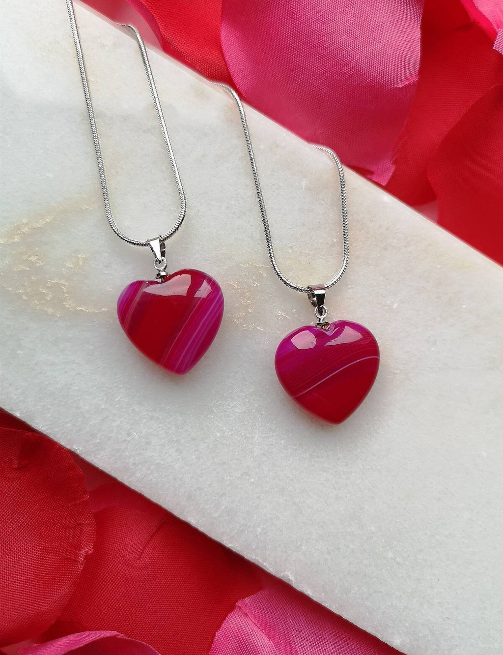 Two Matching Pink Agate Heart Crystal Necklaces on Silver Chains, UK Crystals, Ethically Sourced, Crystal Birthday Gift, Crystal Jewellery