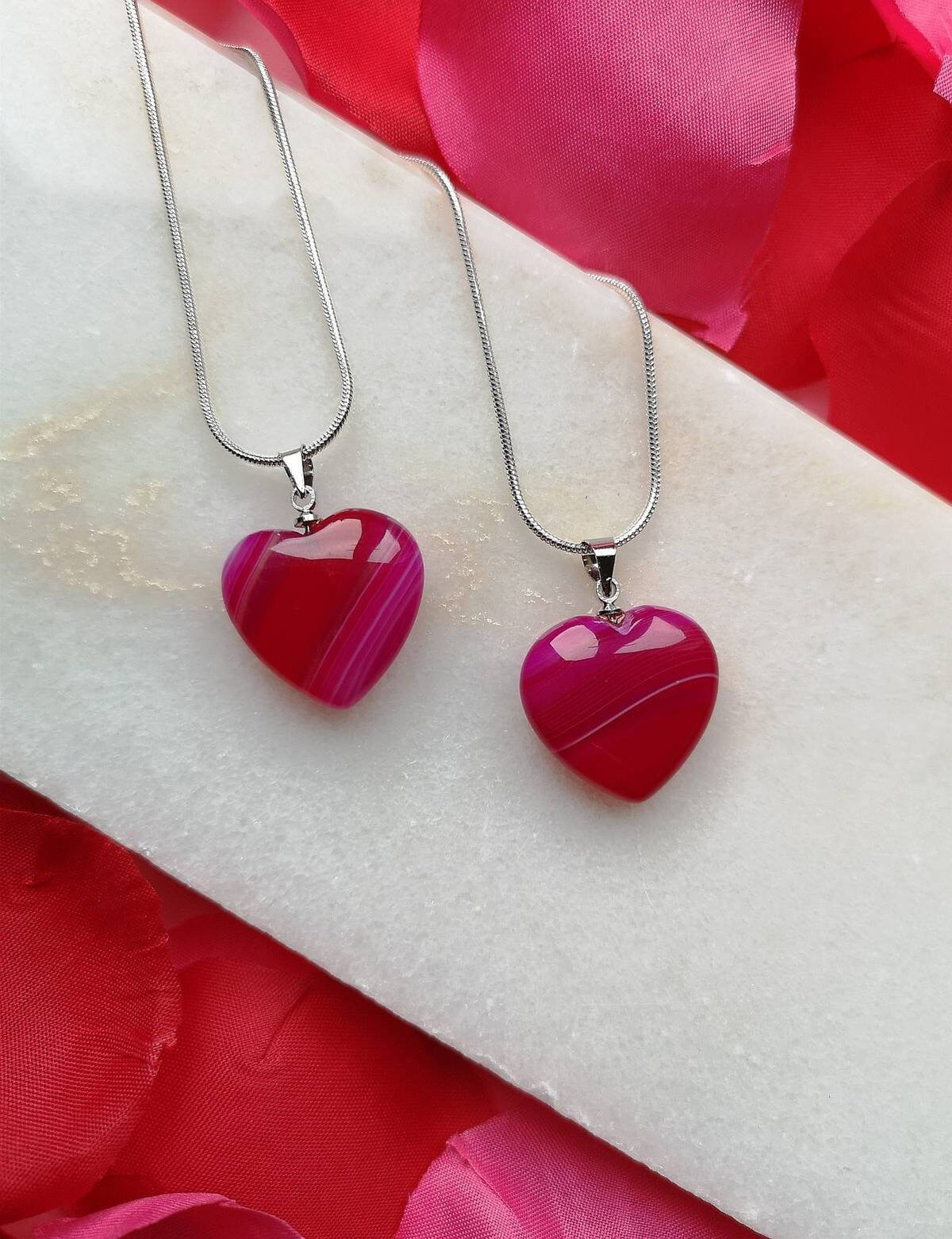 Two Matching Pink Agate Heart Crystal Necklaces on Silver Chains, UK Crystals, Ethically Sourced, Crystal Birthday Gift, Crystal Jewellery