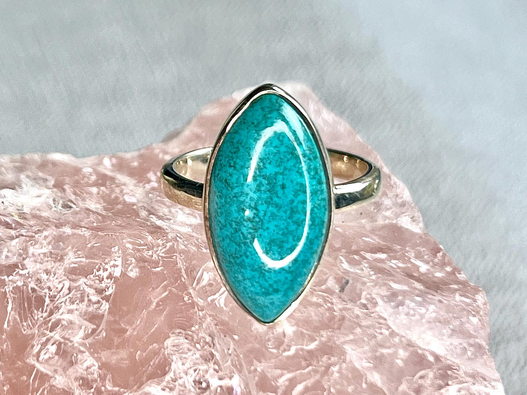 Chrysocolla Crystal Ring, 925 Sterling Silver, UK size P & 1/2, Gemstone Jewellery, Crystal gift for calming, Ethically sourced