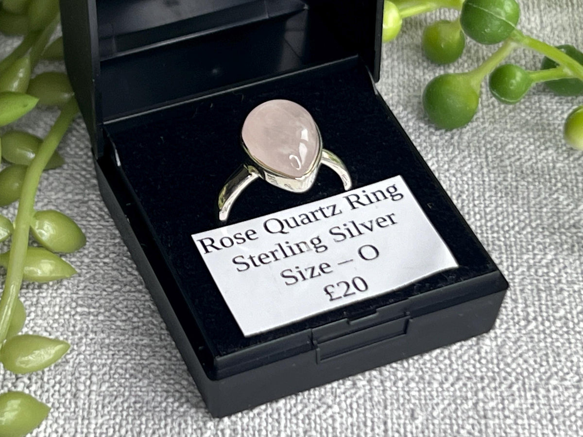 Rose Quartz Crystal Ring Size O, 925 Sterling Silver, Crystal Jewellery Gift for her, Pink Gemstone, Stone for Love, UK Ethically sourced