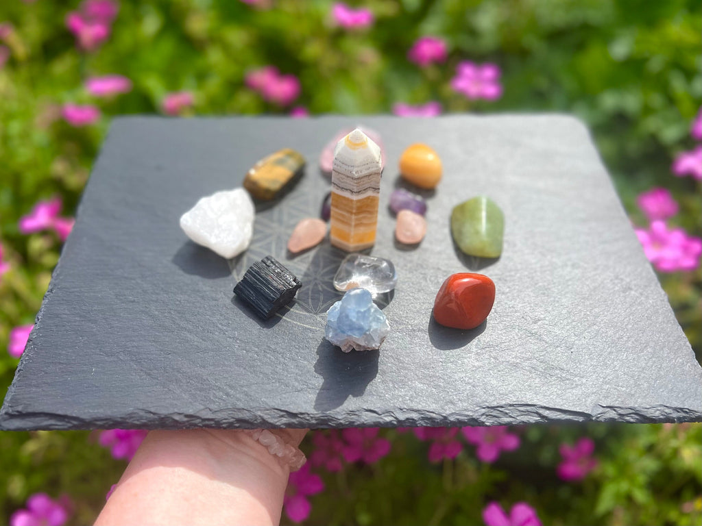 Slate flower of life crystal grid, balance your chakras charging plate, Altar decoration, crystal gift from the UK