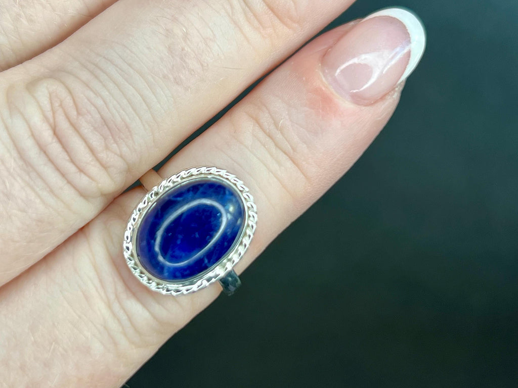 Sodalite Crystal Ring Size L &1/2, 925 Sterling Silver, Healing Crystal Jewellery Gift for her, Blue Gemstone for calm, UK Ethically sourced
