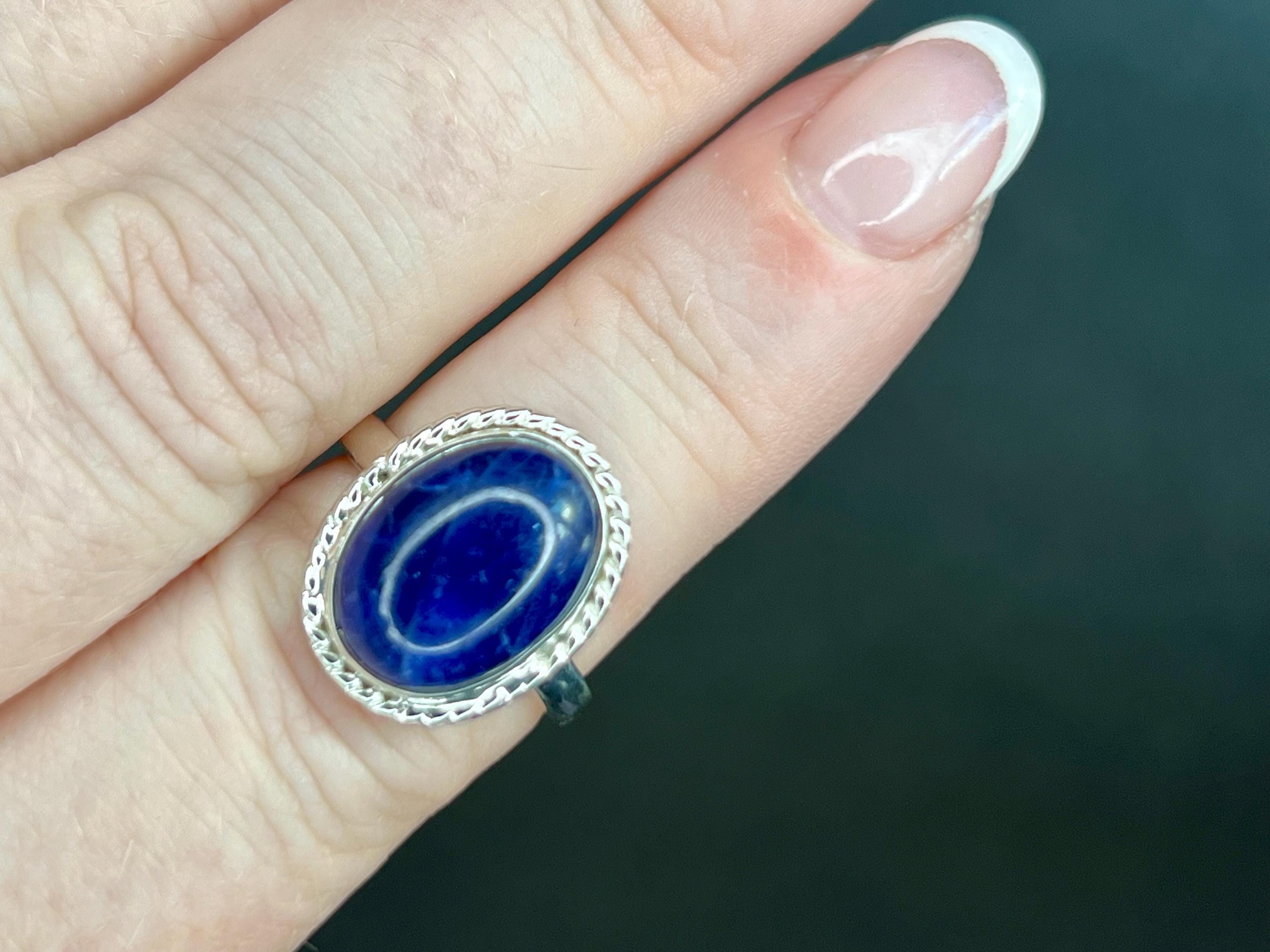 Sodalite Crystal Ring Size L &1/2, 925 Sterling Silver, Healing Crystal Jewellery Gift for her, Blue Gemstone for calm, UK Ethically sourced