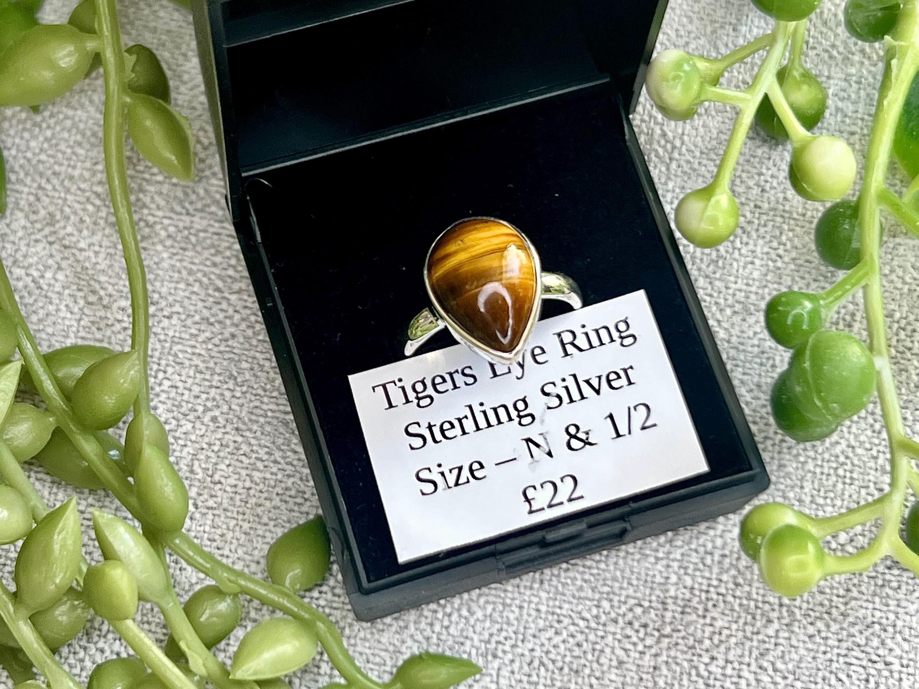 Tigers Eye Crystal Ring Size N &1/2, 925 Sterling Silver, Healing Crystal Jewellery Gift, Golden Gemstone for strength, UK Ethically sourced