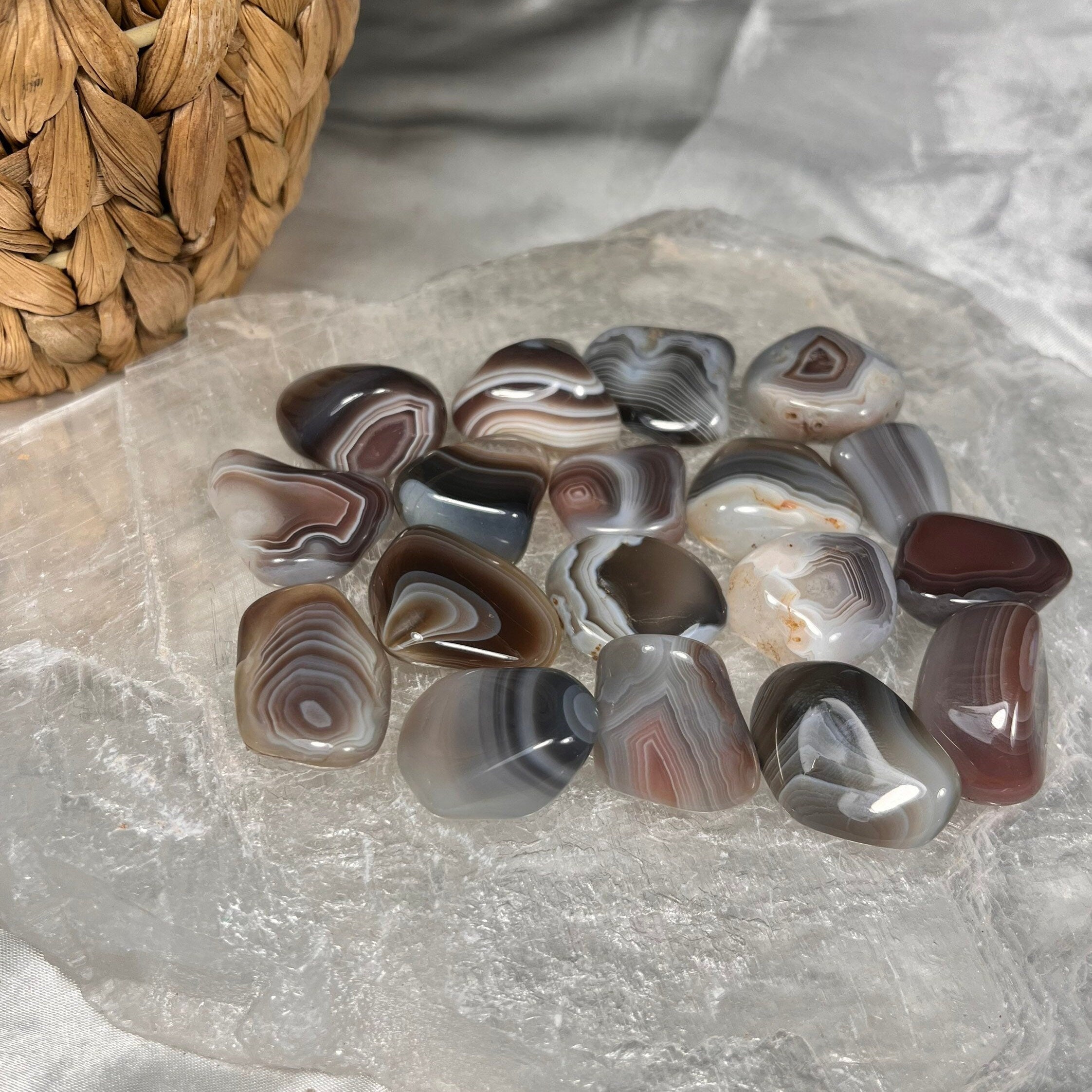 Botswana Agate Crystal Tumblestones, High Quality Grey Banded Agates
