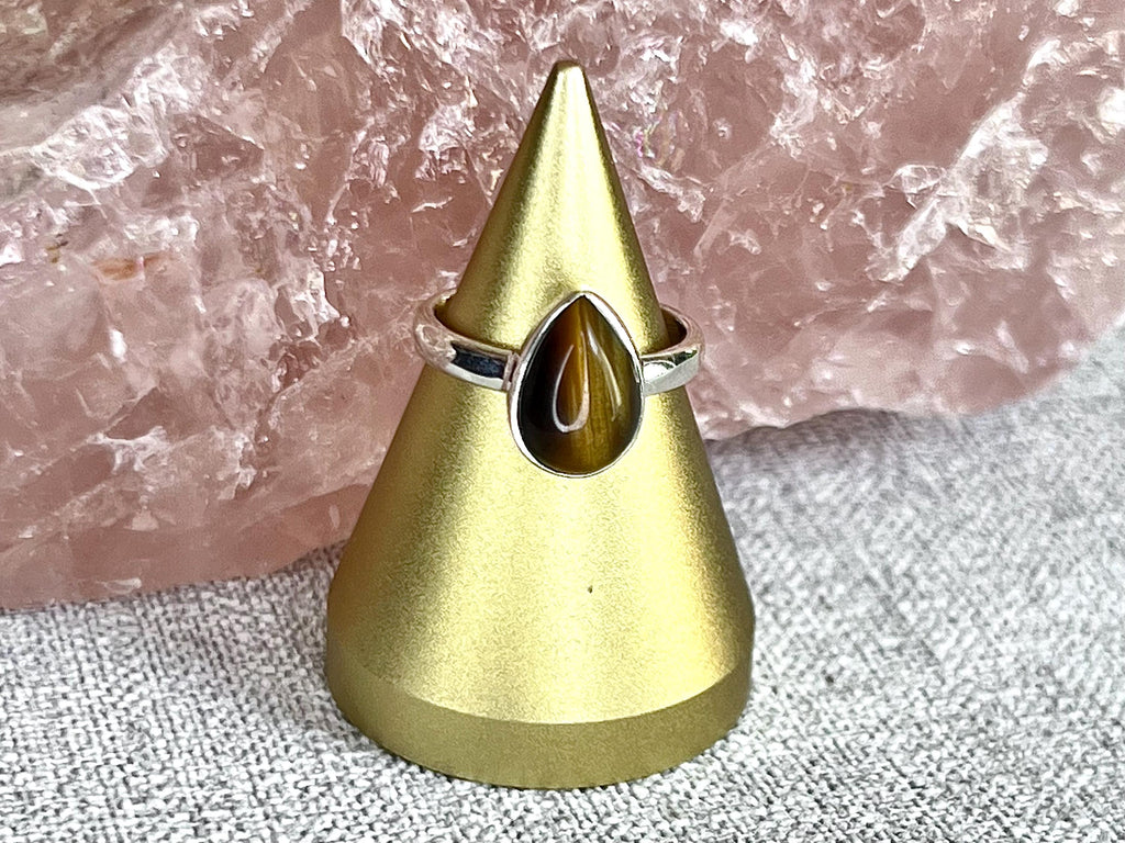 Tigers Eye Crystal Ring Size L, 925 Sterling Silver, Healing Crystal Jewellery Gift, Golden Gemstone for strength, UK Ethically sourced