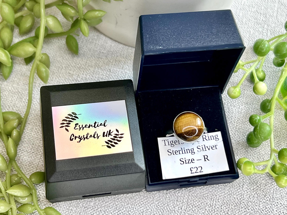 Tigers Eye Crystal Ring Size R, 925 Sterling Silver, Healing Crystal Jewellery Gift, Golden Gemstone for strength, UK Ethically sourced