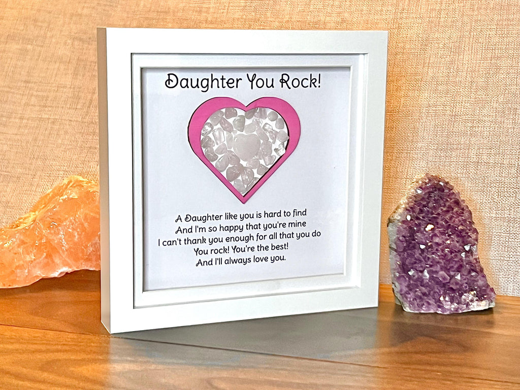 Daughter Gift, Framed Rose Quartz Crystal Heart, Wall Art Decor