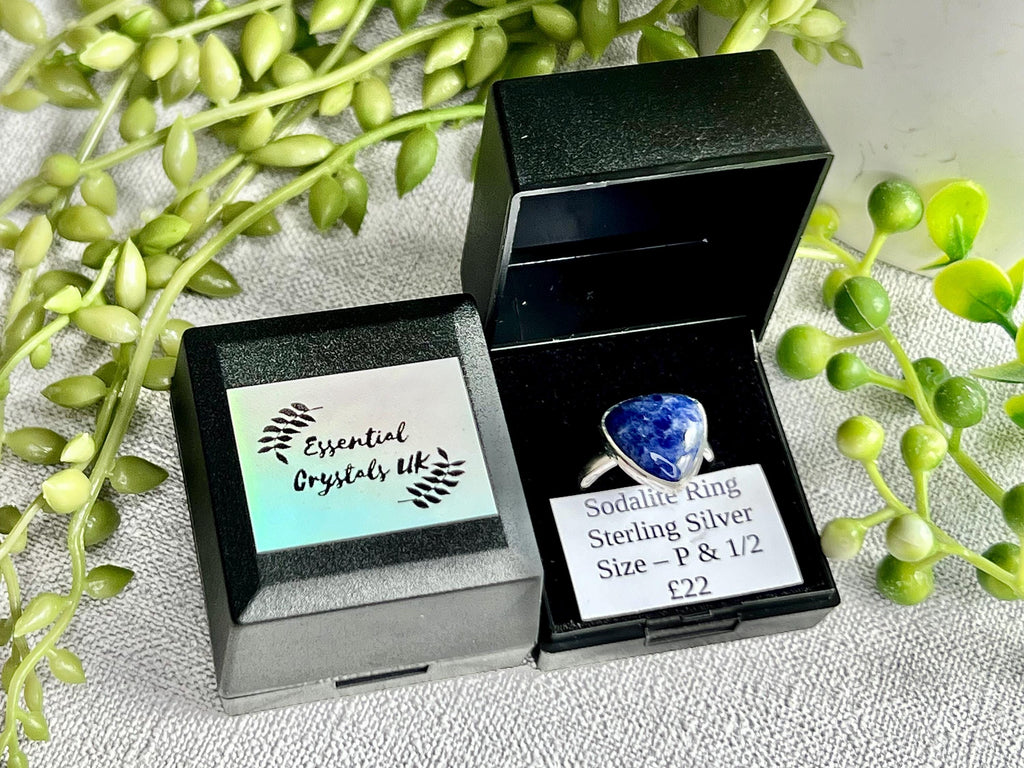 Sodalite Crystal Ring Size P &1/2, 925 Sterling Silver, Healing Crystal Triangle Stone Gift, Blue Gemstone for calm, UK Ethically sourced