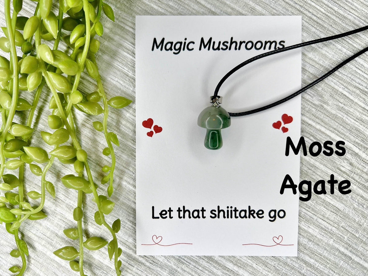 Crystal Mushroom Pendant Necklace on Vegan Friendly Cord, Moss Agate, Jade, Quartz, Tourmaline, Aventurine, Tigers Eye, Sodalite Gift