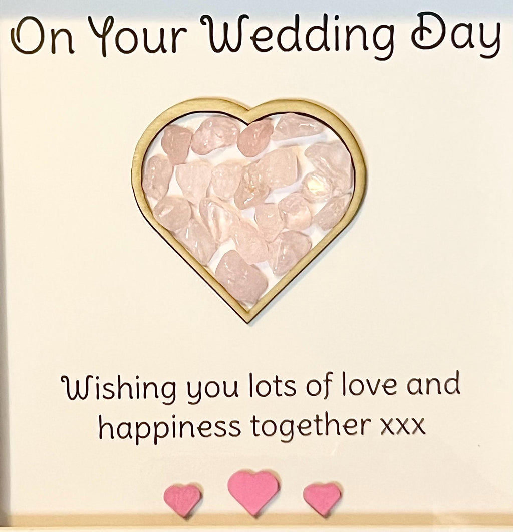 Wedding keepsake gift, framed Rose Quartz crystal heart, metaphysical shop, wall art decor, Bride and Groom gemstone gift, crystal present