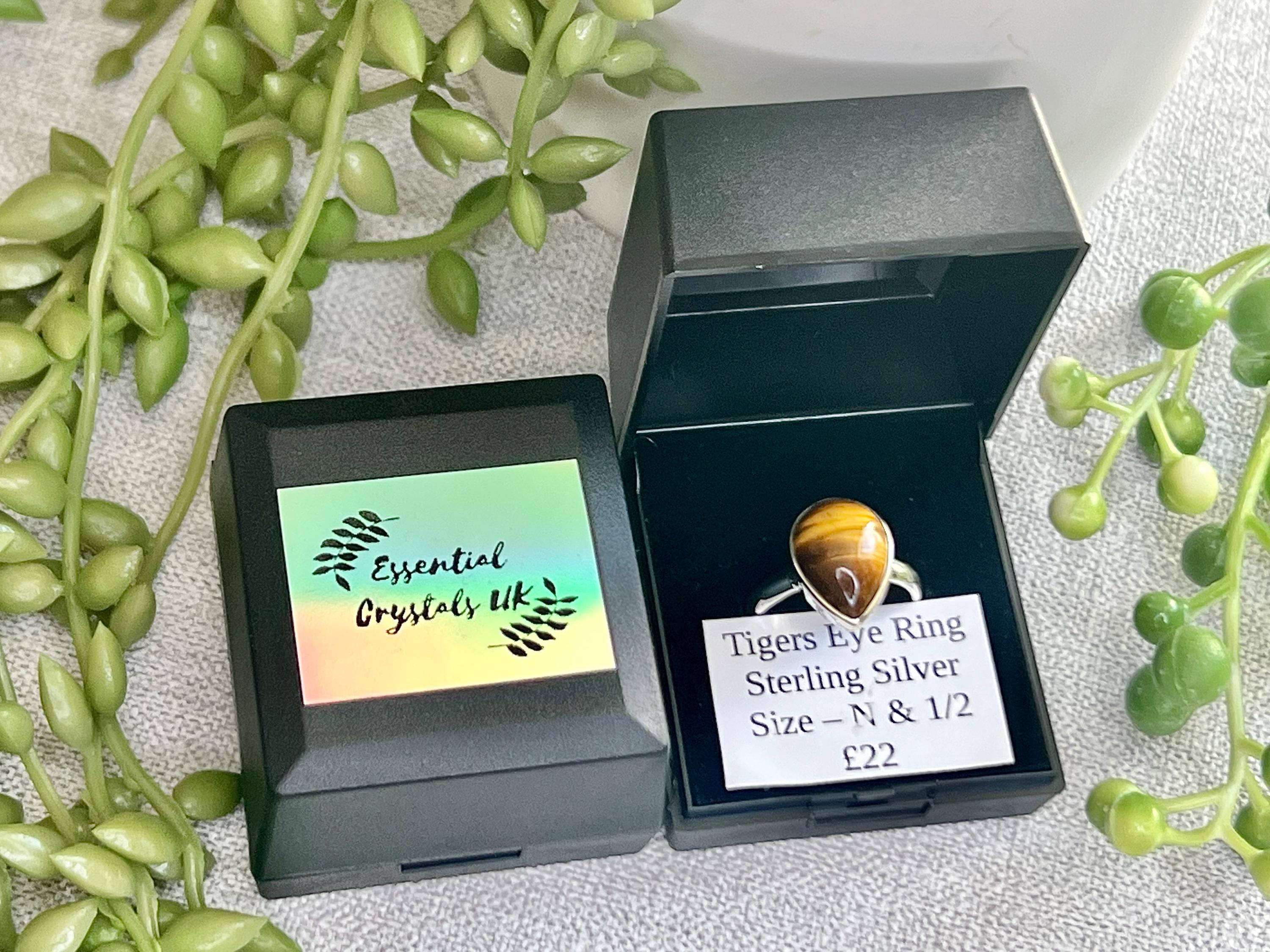 Tigers Eye Crystal Ring Size N &1/2, 925 Sterling Silver, Healing Crystal Jewellery Gift, Golden Gemstone for strength, UK Ethically sourced