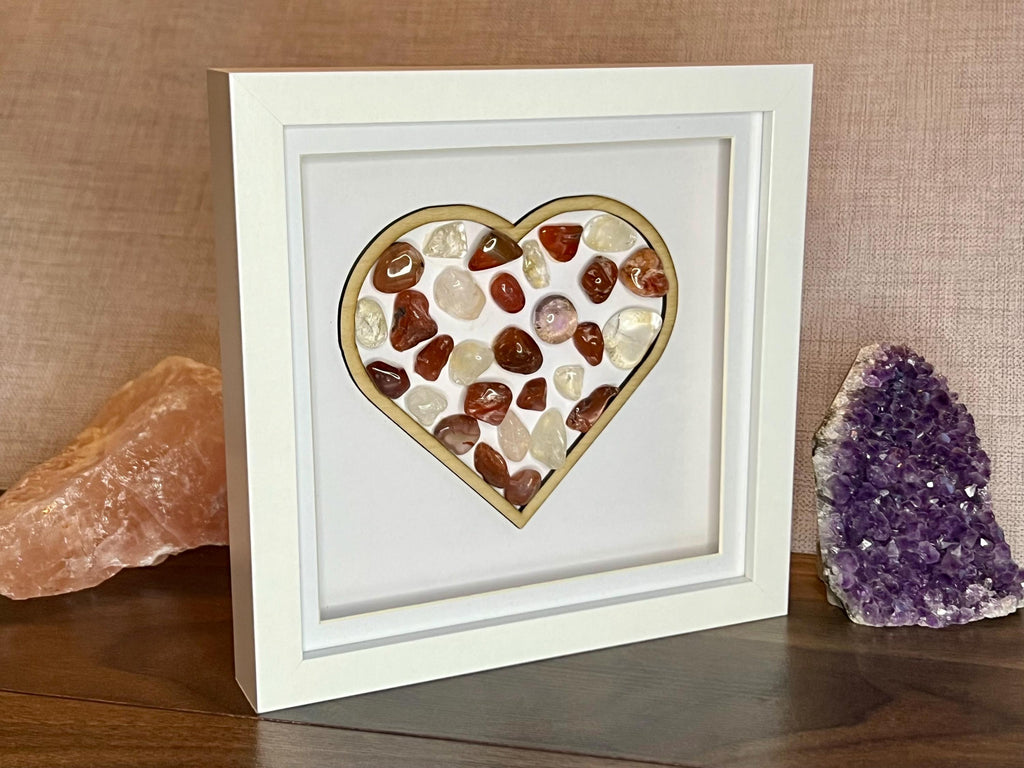 Framed Carnelian and Clear Quartz heart, crystal for strength, metaphysical shop, wall art decor, July birthday gift for her
