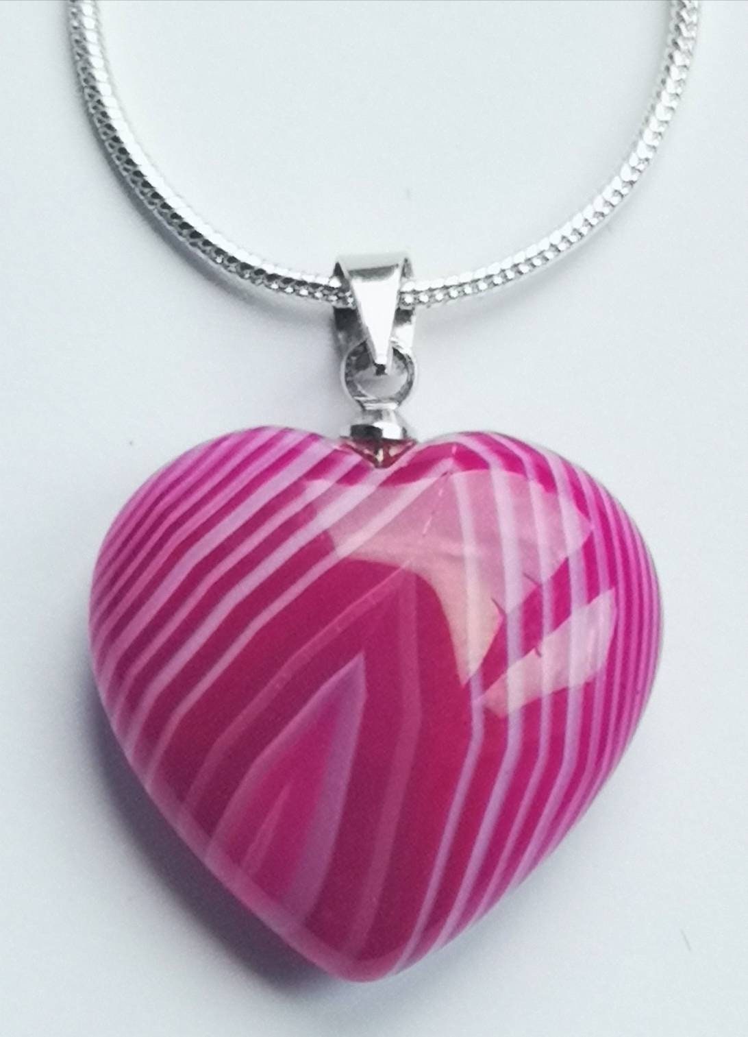 Banded Pink Agate and Rose Quartz Heart Necklaces on Silver Chains, Ethically Sourced, Mother's Day Gifts, UK Crystals, Birthday Present