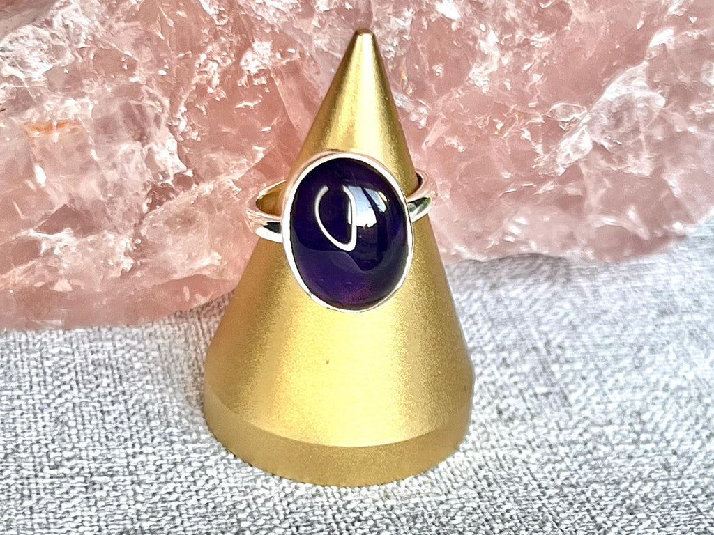 Amethyst Crystal Ring, UK Size N & 1/2, 925 Sterling Silver, Healing Crystal Jewellery Gift, Purple Gemstone for anxiety, Ethically sourced