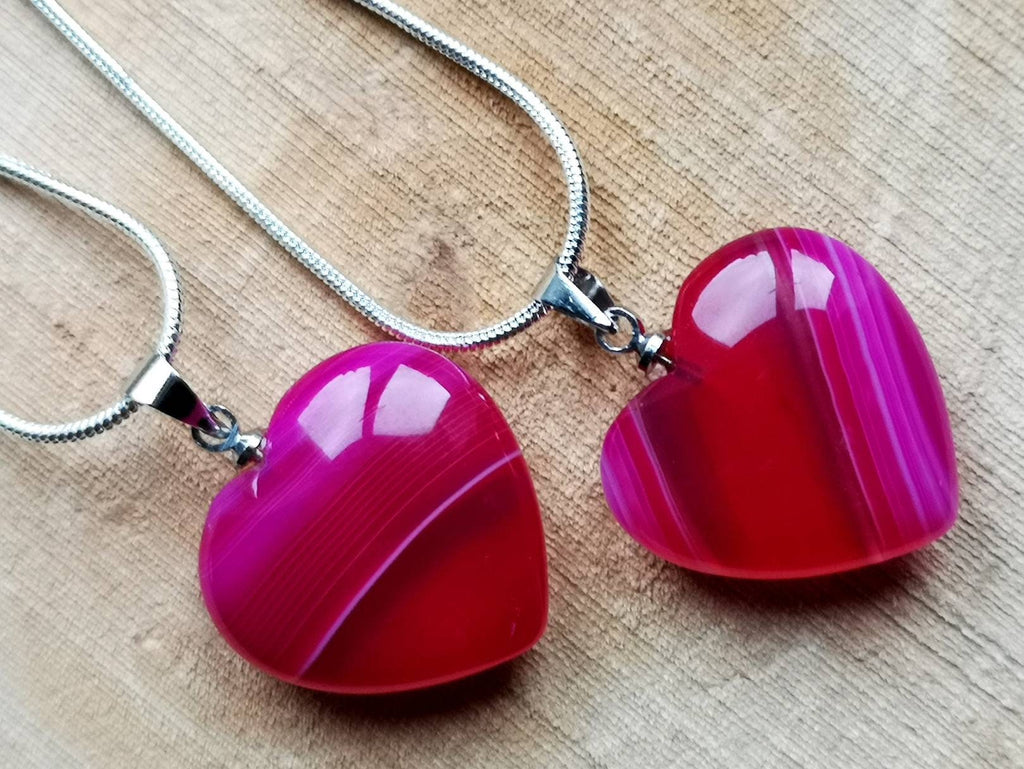 Two Matching Pink Agate Heart Crystal Necklaces on Silver Chains, UK Crystals, Ethically Sourced, Crystal Birthday Gift, Crystal Jewellery