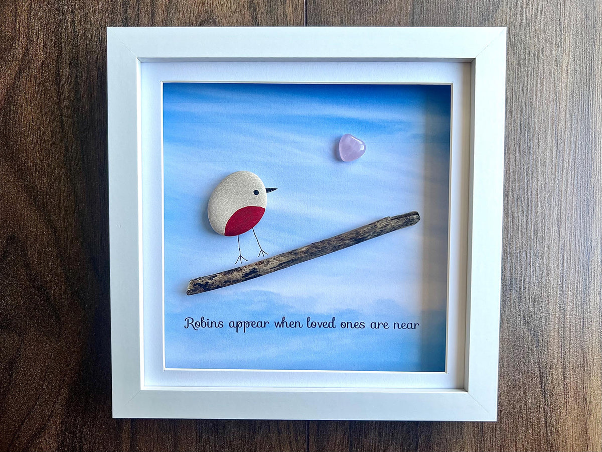 Robins Apear When Loved Ones Are Near, Hand Painted Pebble Art Frame, Remembrance Wall Art, Memorial Keepsake, Sympathy Gift for Bereavement
