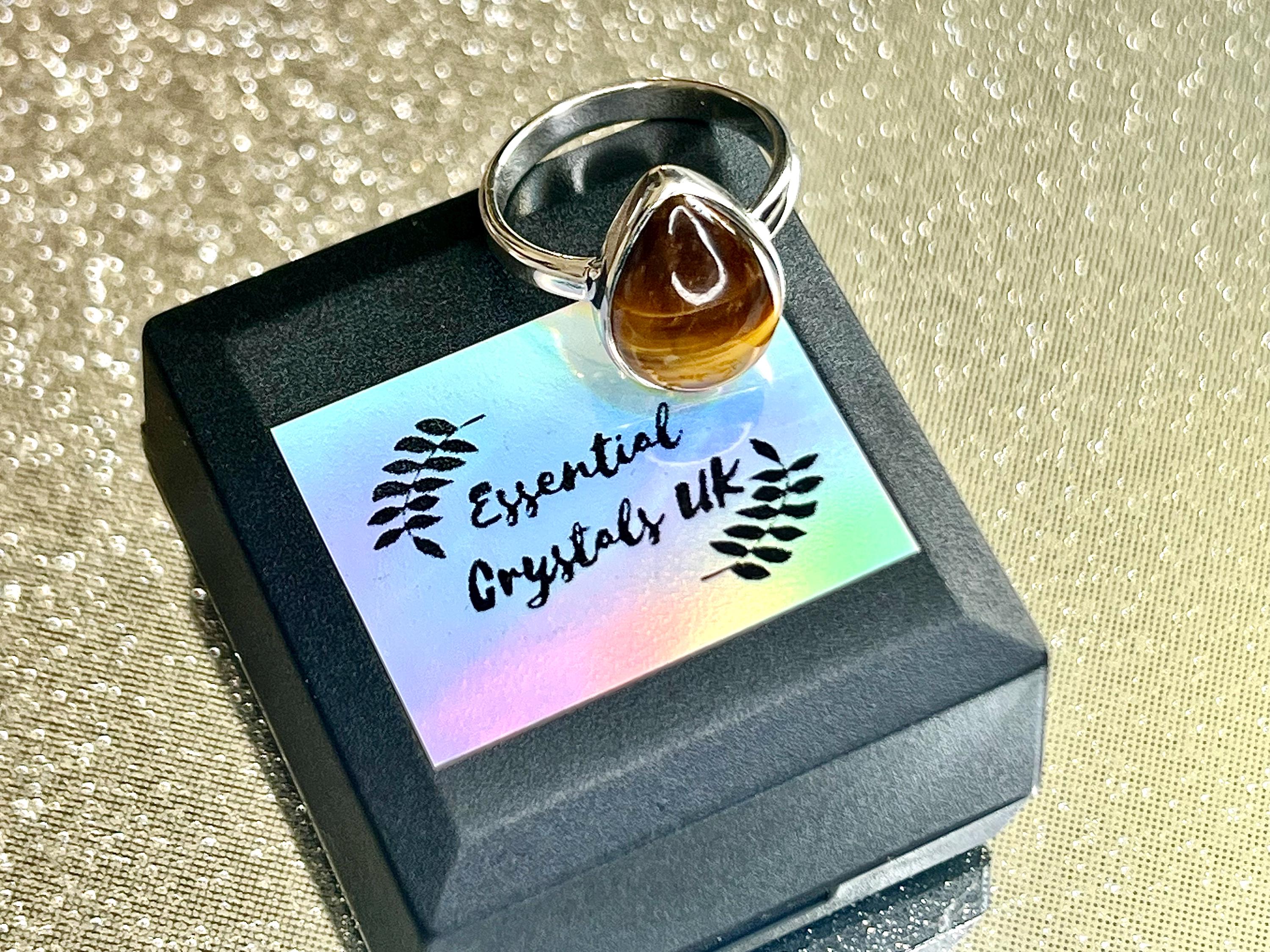 Tigers Eye Crystal Ring Size N &1/2, 925 Sterling Silver, Healing Crystal Jewellery Gift, Golden Gemstone for strength, UK Ethically sourced