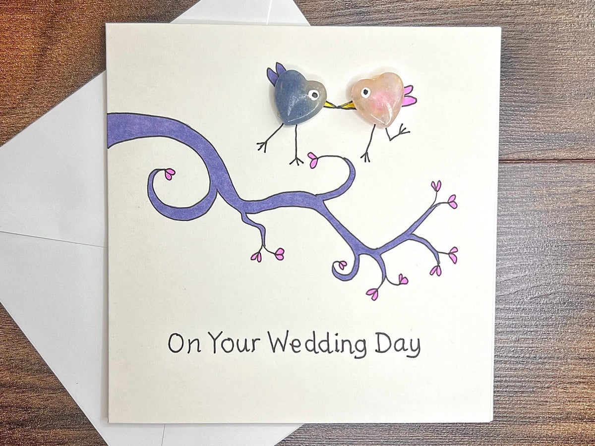 Wedding Crystal Cards, Pocket Hug Greetings Card for Bride and Groom, Handmade Keepsake Gift, Pink, Blue and Purple Amethyst Heart Gemstones
