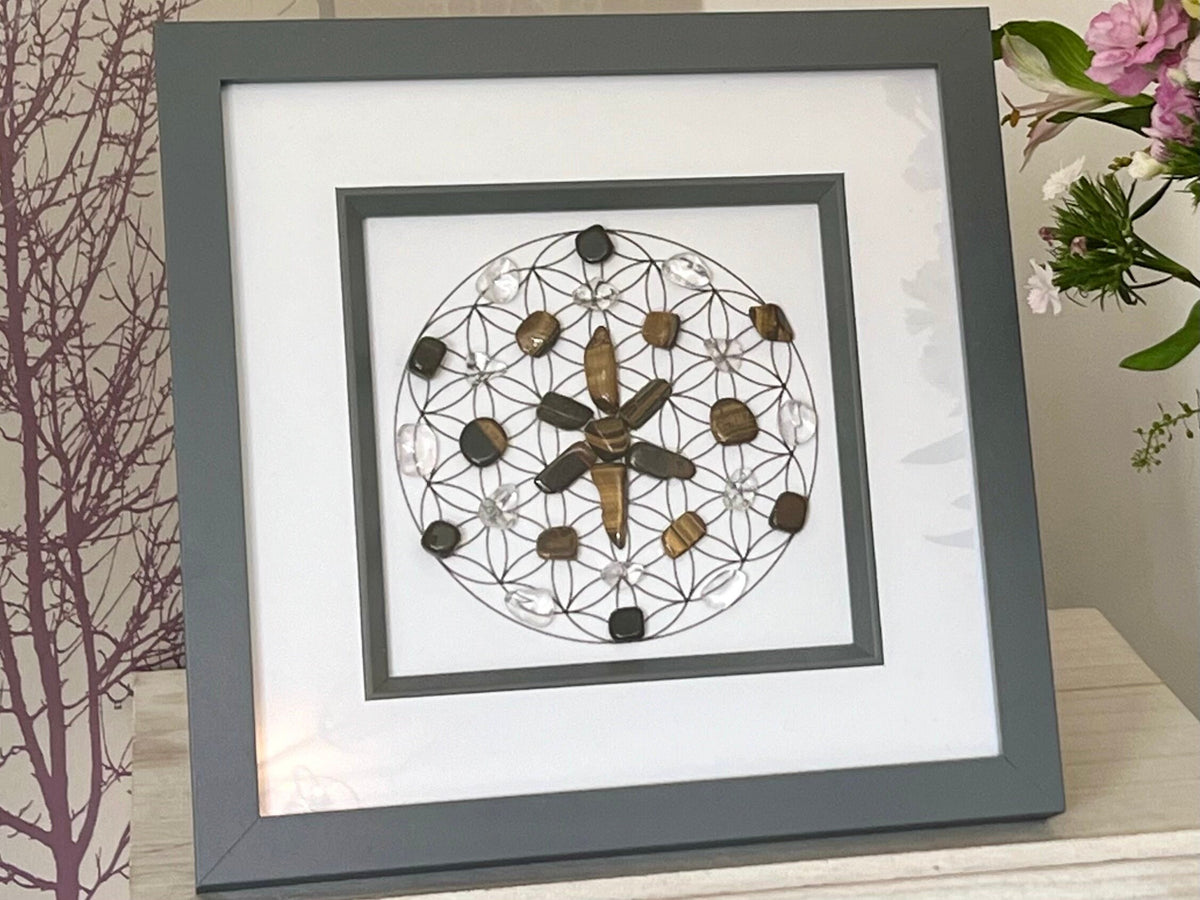 Tigers Eye, Clear Quartz and Black Tourmaline crystal grid art work, framed crystal picture for protection, wall art for friend, wife, boy