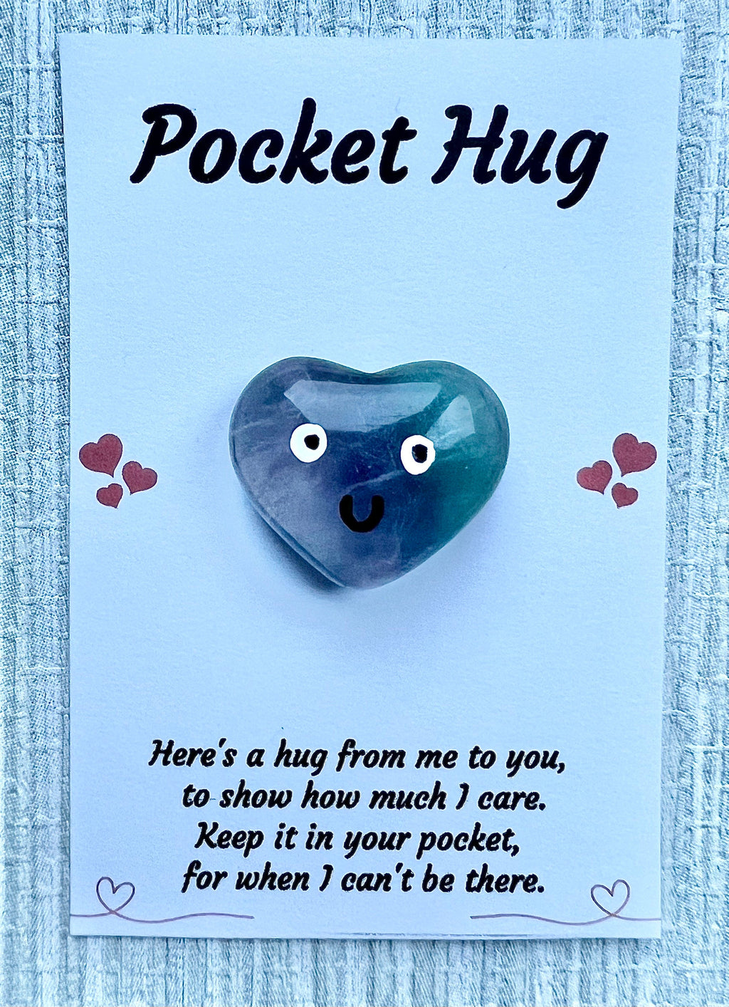Fluorite crystal pocket hug heart, Valentine’s letterbox gift, Mother’s Day, I miss you gift, love you, thinking of you, thank you gift