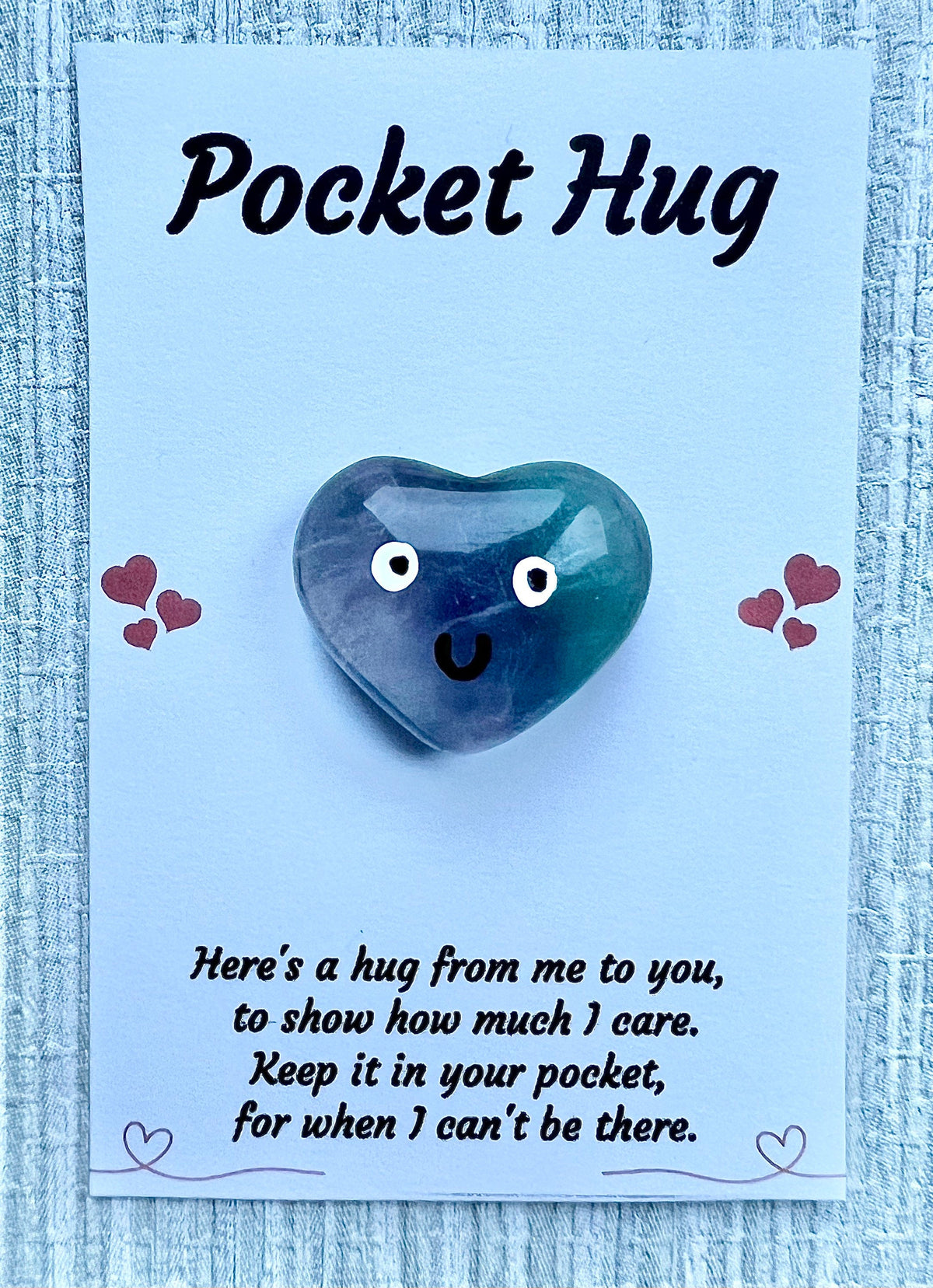 Fluorite crystal pocket hug heart, Valentine’s letterbox gift, Mother’s Day, I miss you gift, love you, thinking of you, thank you gift