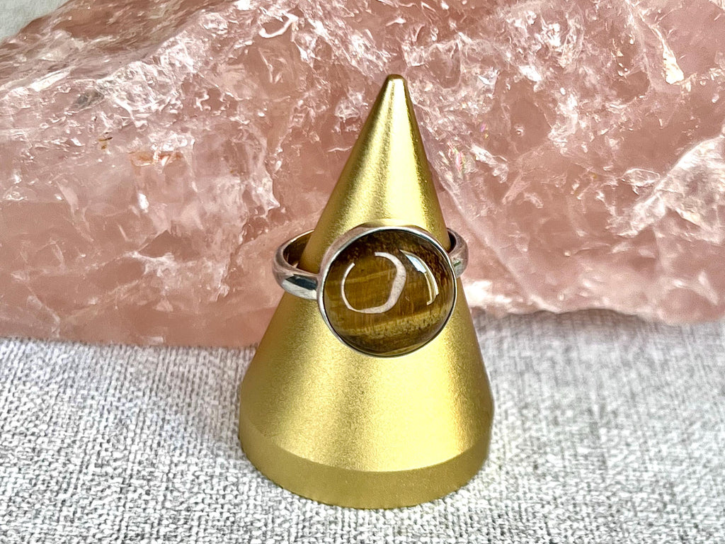 Tigers Eye Crystal Ring Size R, 925 Sterling Silver, Healing Crystal Jewellery Gift, Golden Gemstone for strength, UK Ethically sourced