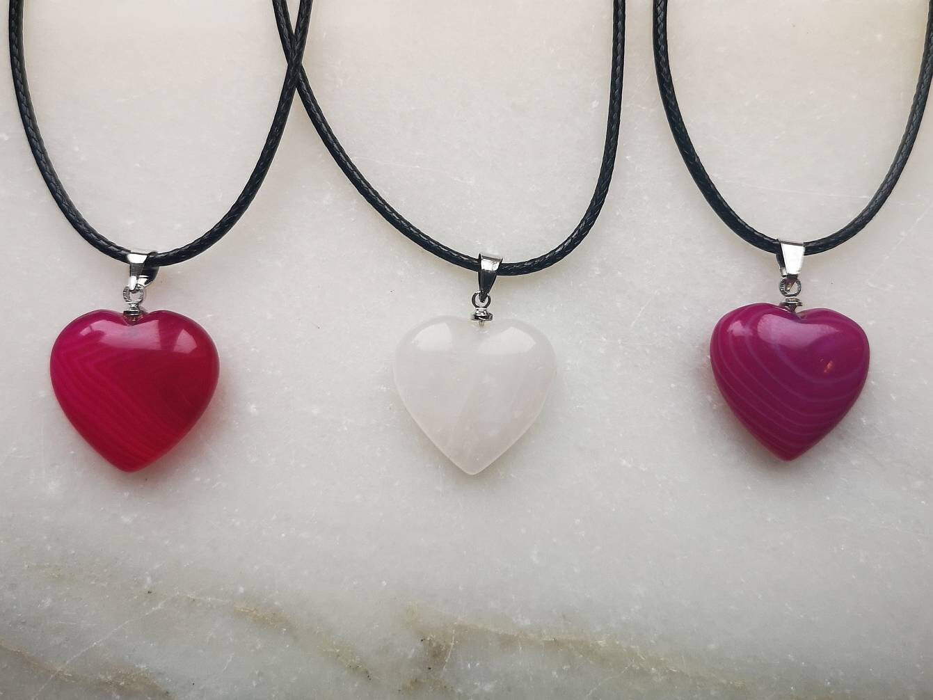 Rose Quartz, Pink Agate, Banded Pink Agate Heart Necklaces, Ethically Sourced, UK Crystal Necklaces, Crystal Gifts, Birthday Present for her