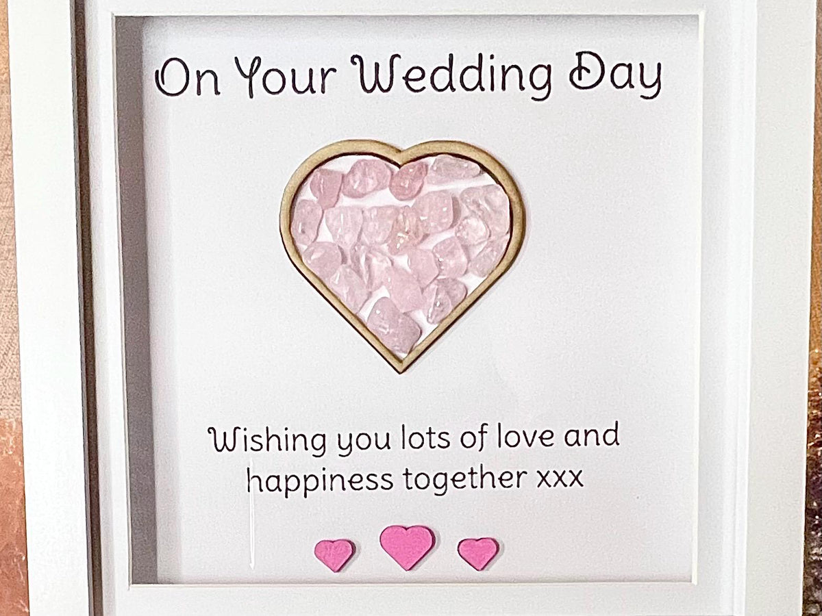 Wedding keepsake gift, framed Rose Quartz crystal heart, metaphysical shop, wall art decor, Bride and Groom gemstone gift, crystal present