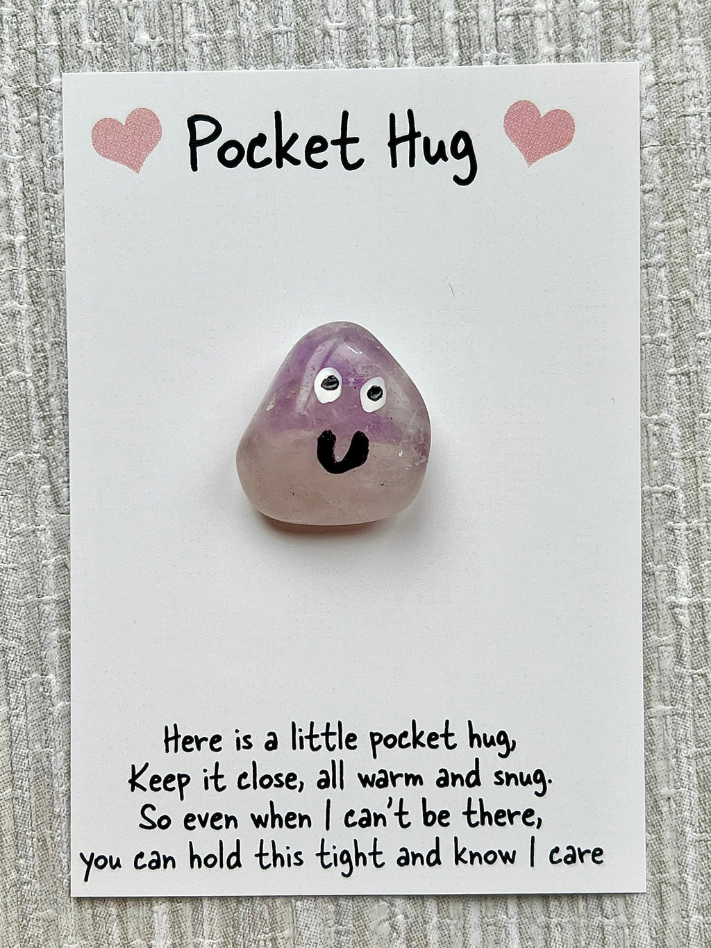 Valentines Day Pocket Hug, Mother’s Day Crystal poem, gift and card, Crystal letterbox gift, Choose Crystal type Rose Quartz, Howlite