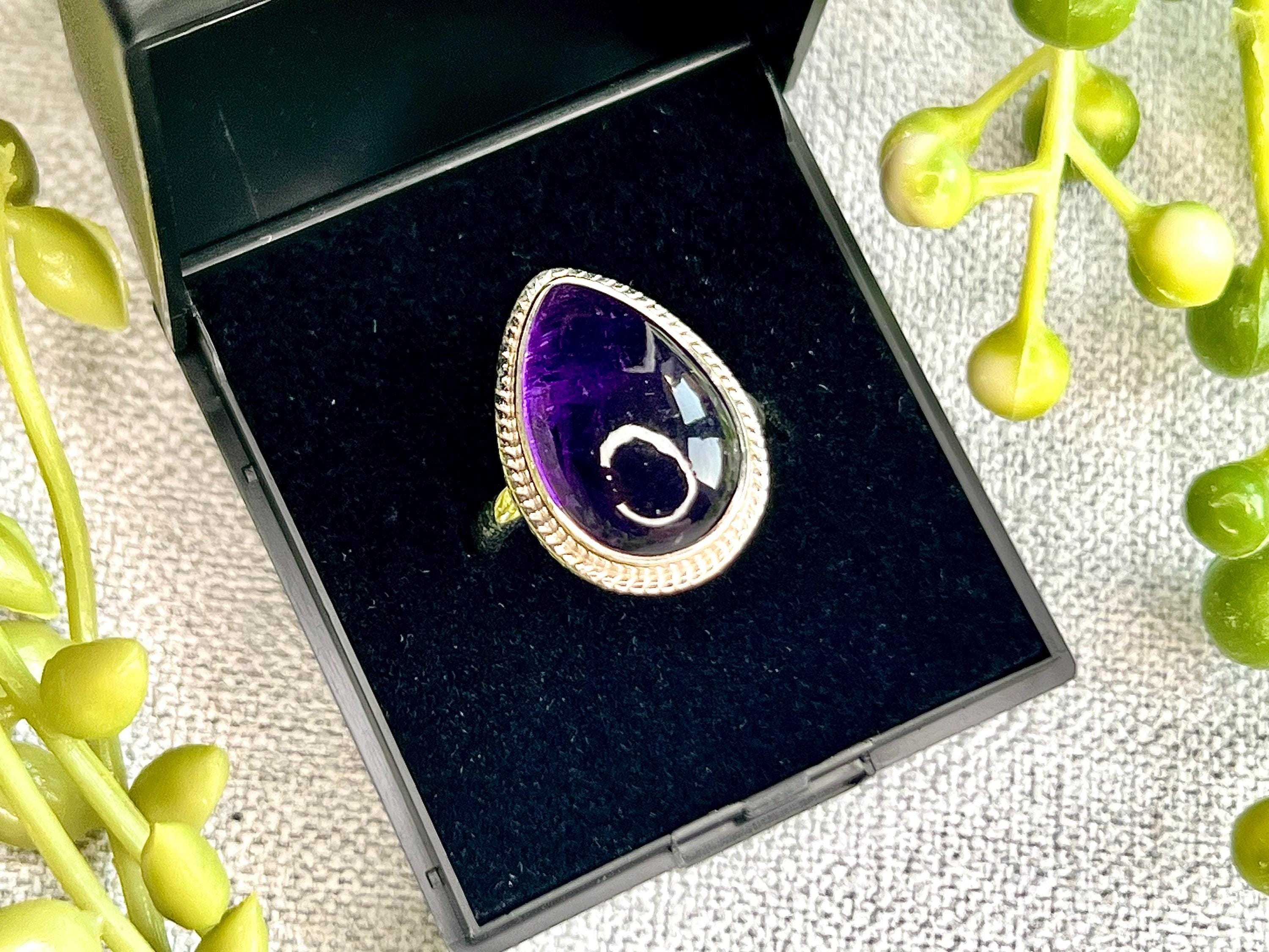Amethyst Crystal Ring, UK Size O, 925 Sterling Silver, Healing Crystal Jewellery Gift, Purple Gemstone for anxiety, Ethically sourced stones