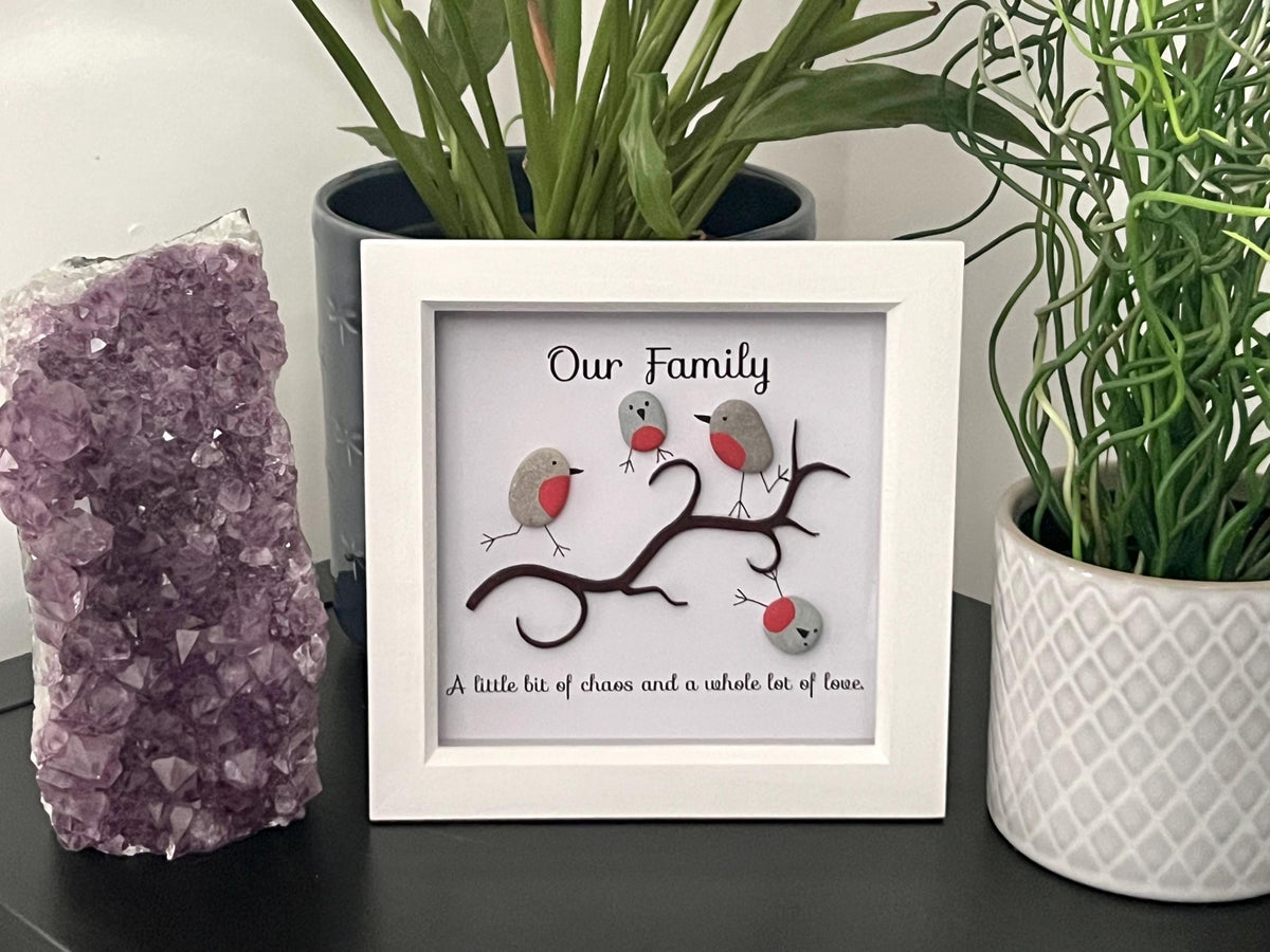 Personalised hand painted Robins, Family Pebble Art Frame, Wall art gift for Dad, Bird lovers present for Grandma, Mothers Day gift for Mum