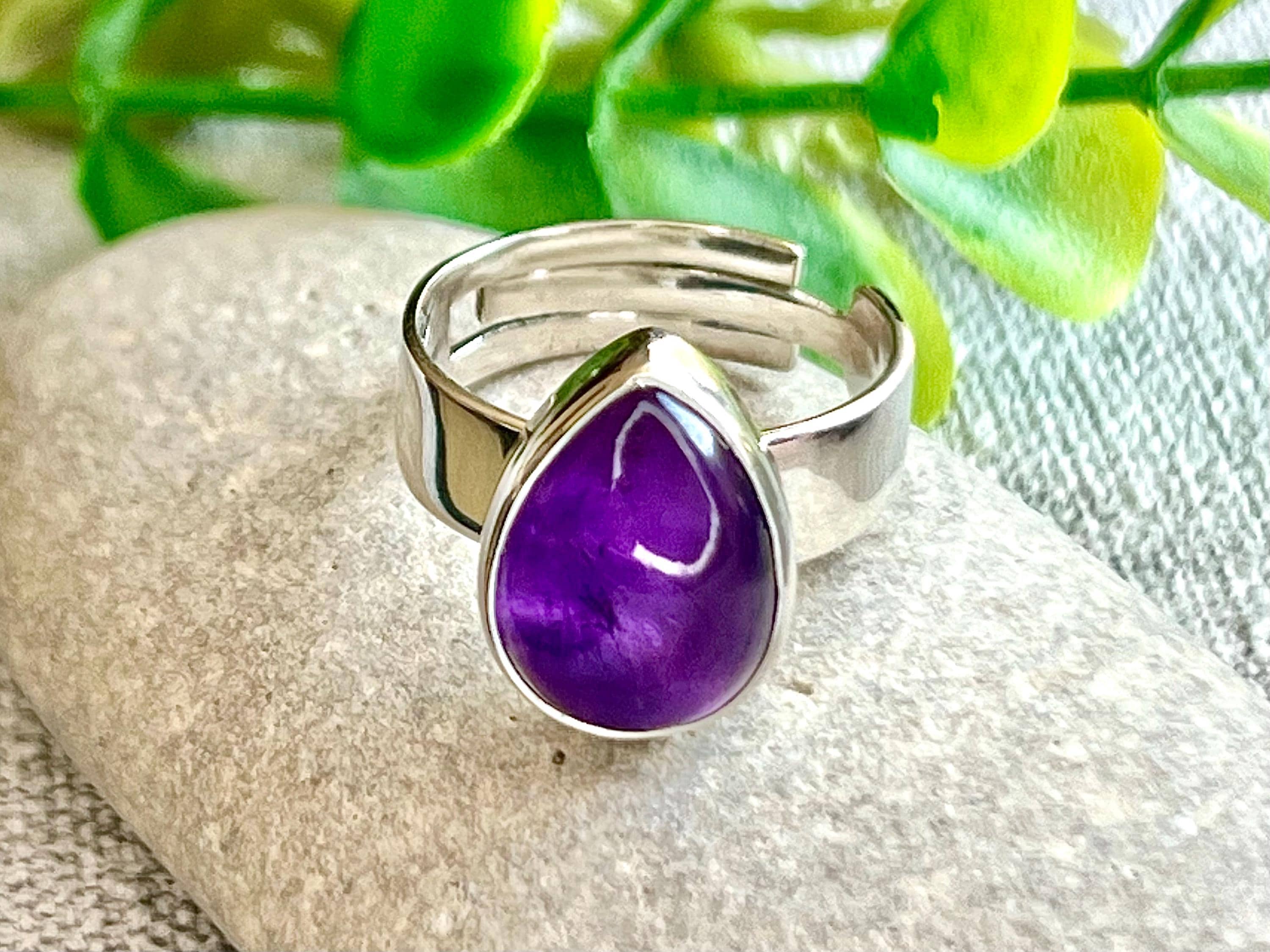 Amethyst Crystal Ring Adjustable, 925 Sterling Silver, Healing Crystal Jewellery Gift, Purple Gemstone for anxiety, UK Ethically sourced