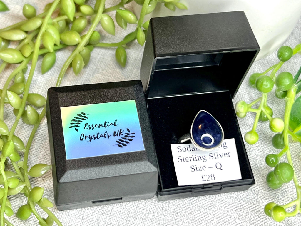 Sodalite Crystal Ring Size Q, 925 Sterling Silver, Healing Crystal Jewellery Gift for her, Blue Gemstone for calm, UK Ethically sourced