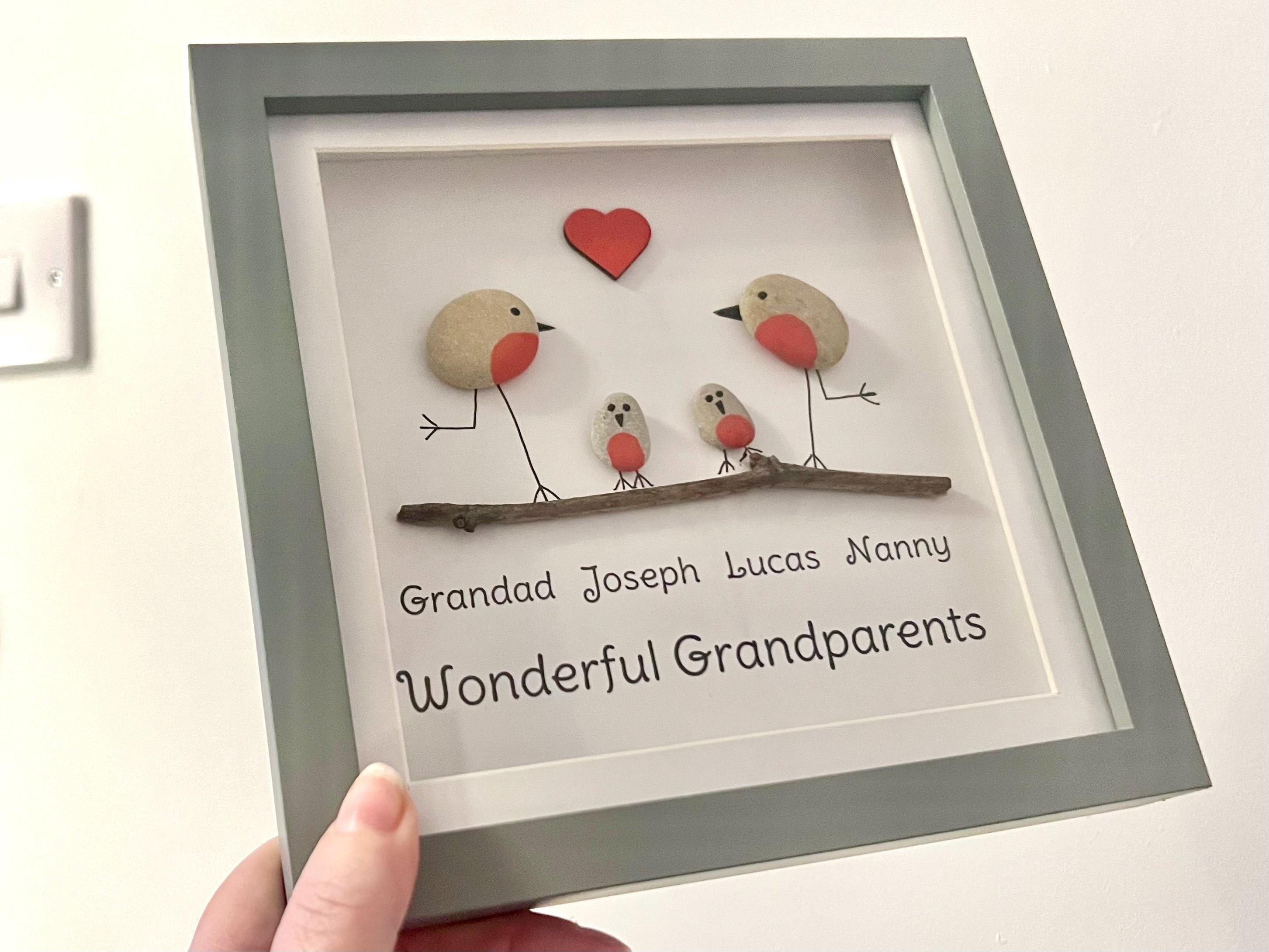 Personalised Wonderful Grandparents Art Frame, Hand Painted Pebble Robins & Driftwood, Family Wall Art Gift, Bird lovers Grandparent gift