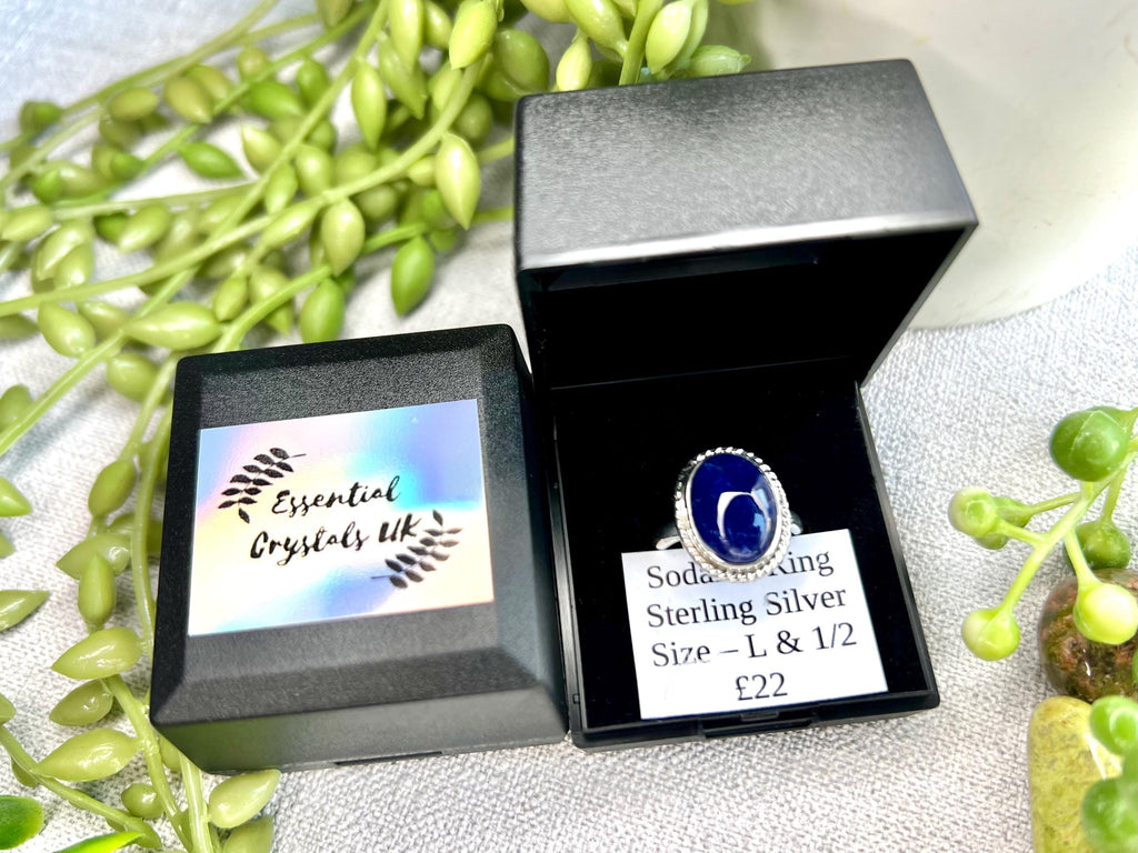 Sodalite Crystal Ring Size L &1/2, 925 Sterling Silver, Healing Crystal Jewellery Gift for her, Blue Gemstone for calm, UK Ethically sourced