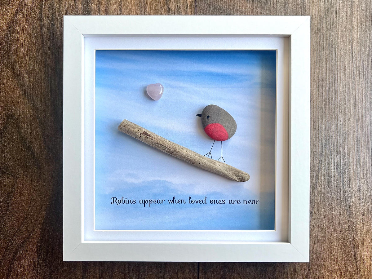 Robins Apear When Loved Ones Are Near, Hand Painted Pebble Art Frame, Remembrance Wall Art, Memorial Keepsake, Sympathy Gift for Bereavement
