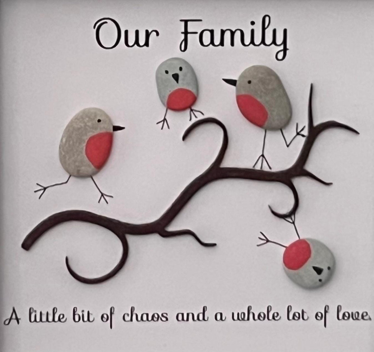 Personalised hand painted Robins, Family Pebble Art Frame, Wall art gift for Dad, Bird lovers present for Grandma, Mothers Day gift for Mum