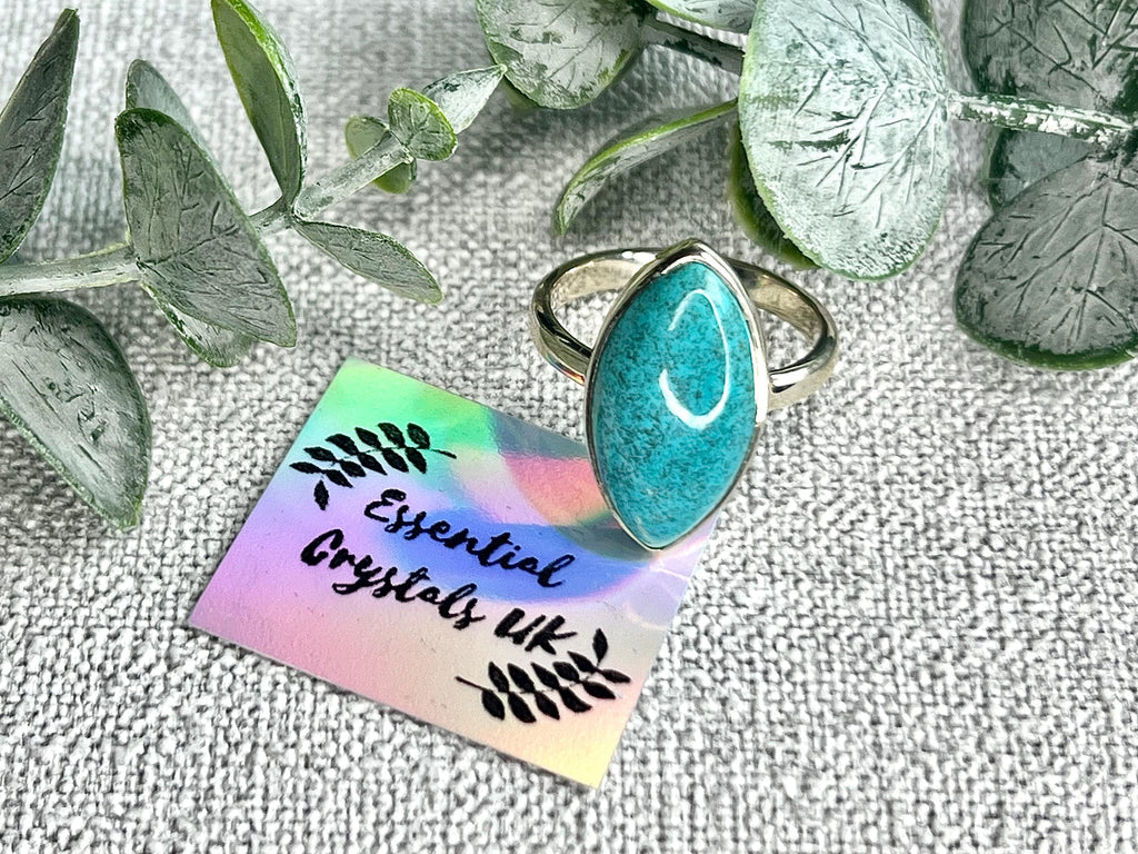 Chrysocolla Crystal Ring, 925 Sterling Silver, UK size P & 1/2, Gemstone Jewellery, Crystal gift for calming, Ethically sourced
