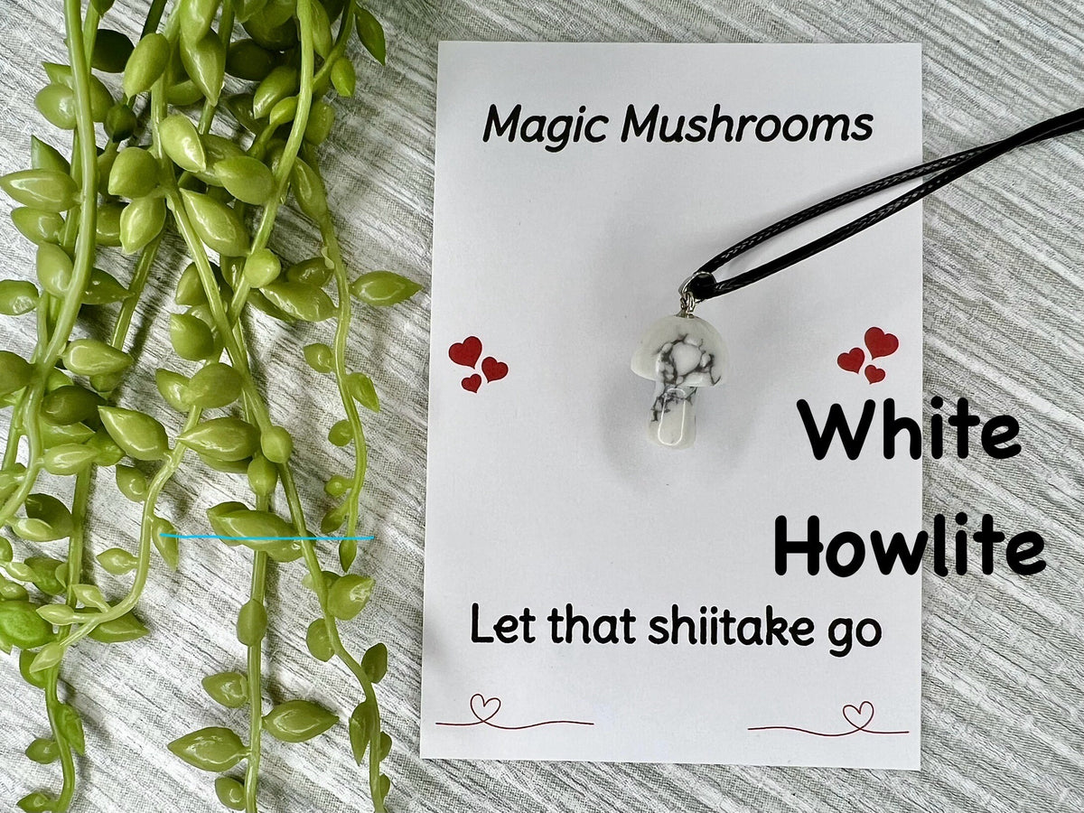 Crystal Mushroom Pendant Necklace on Vegan Friendly Cord, Moss Agate, Jade, Quartz, Tourmaline, Aventurine, Tigers Eye, Sodalite Gift