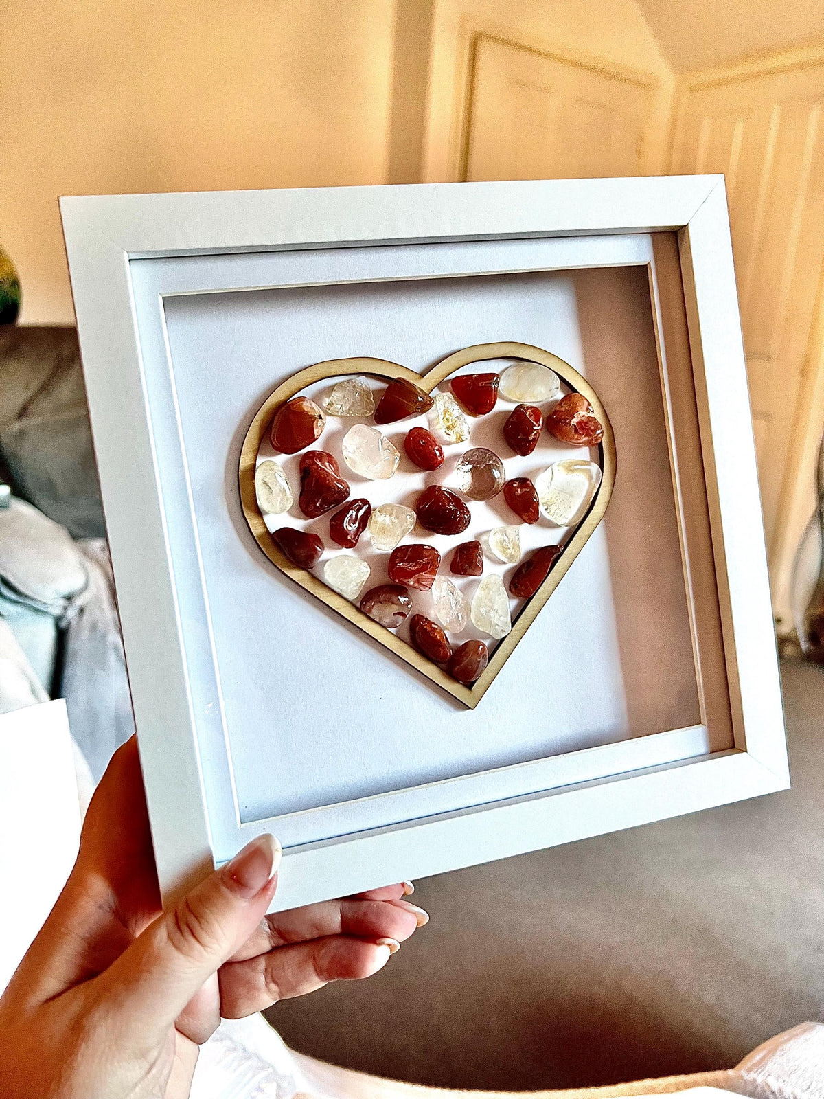 Framed Carnelian and Clear Quartz heart, crystal for strength, metaphysical shop, wall art decor, July birthday gift for her