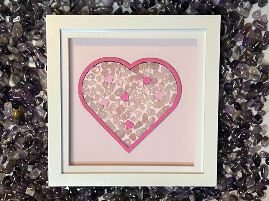 Framed Rose Quartz heart, crystal for love, metaphysical shop, wall art decor, pink gemstone birthday gift for her, crystal present