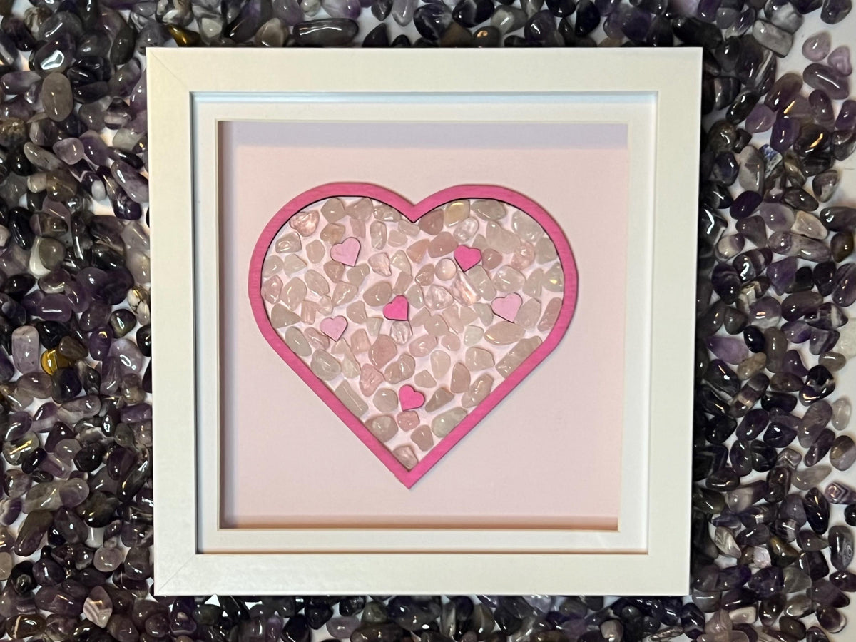 Framed Rose Quartz heart, crystal for love, metaphysical shop, wall art decor, pink gemstone birthday gift for her, crystal present