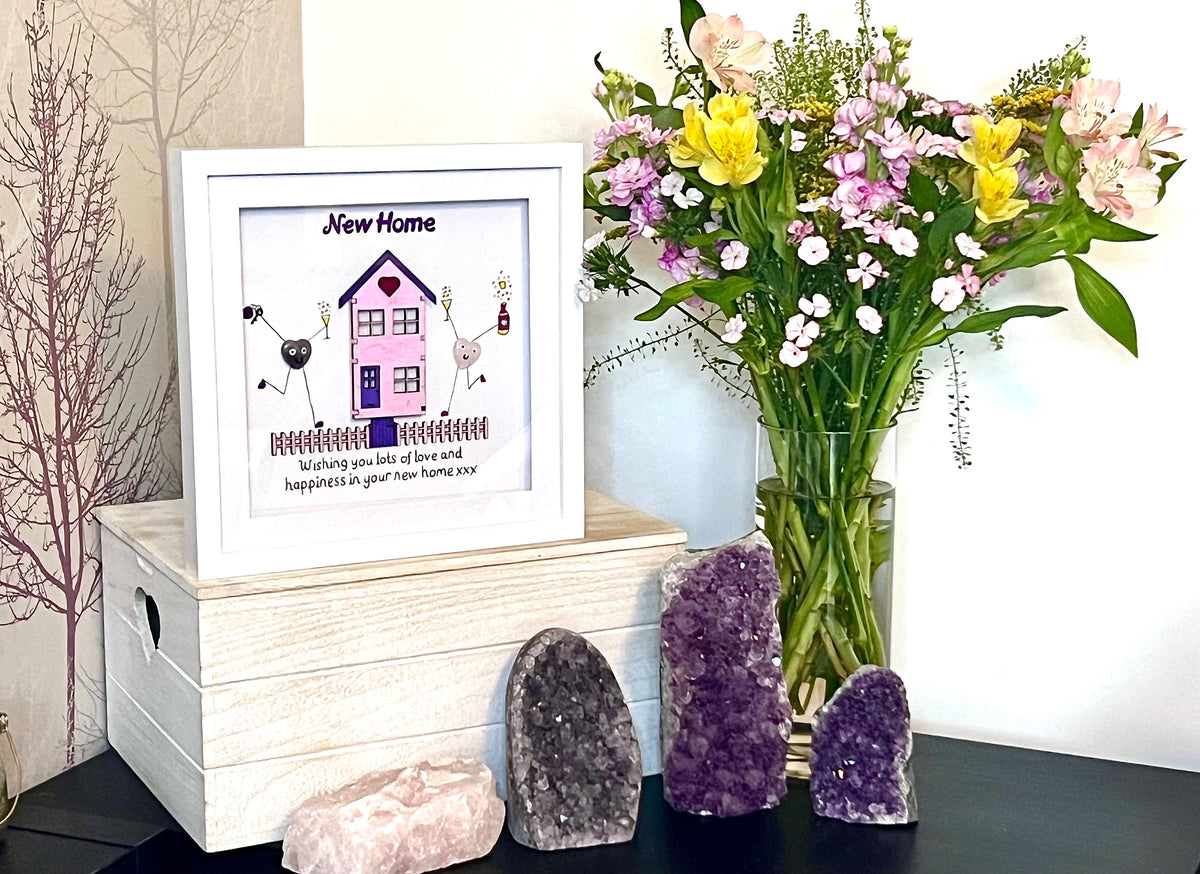 Seaglass Art Crystal Picture, Amethyst & Rose Quartz, New Home Gift With laser engraved house