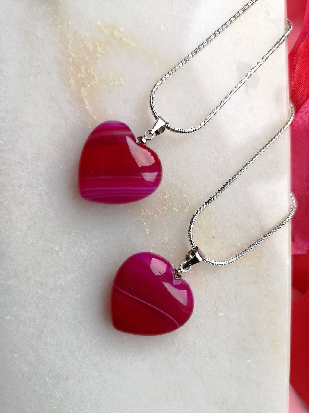 Two Matching Pink Agate Heart Crystal Necklaces on Silver Chains, UK Crystals, Ethically Sourced, Crystal Birthday Gift, Crystal Jewellery