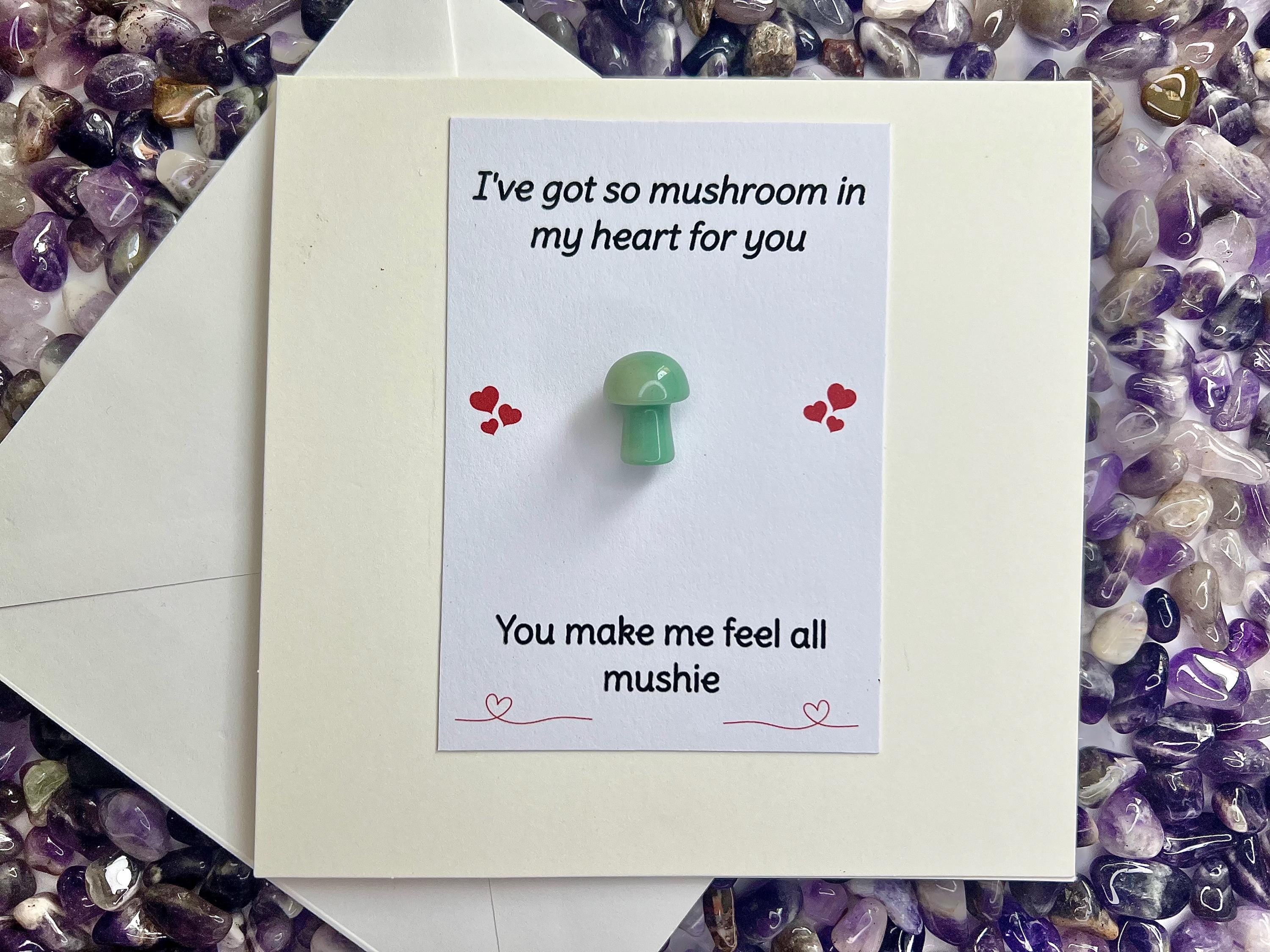 Mushroom Crystal Cards, You make me feel all mushie, Pocket Hug Birthday Card, Funny Gemstones, Gift for him or her, Amethyst, Rose Quartz
