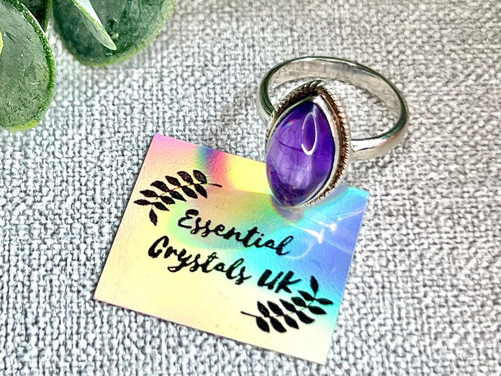 Amethyst Crystal Ring, UK Size L & 1/2, 925 Sterling Silver, Healing Crystal Jewellery Gift, Purple Gemstone for anxiety, Ethically sourced