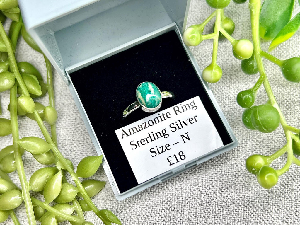 Amazonite Crystal Ring, UK Band Ring Sizes N & Q, 925 Sterling Silver, Heart Chakra, Ethically Sourced Crystals, Birthday Gift for her