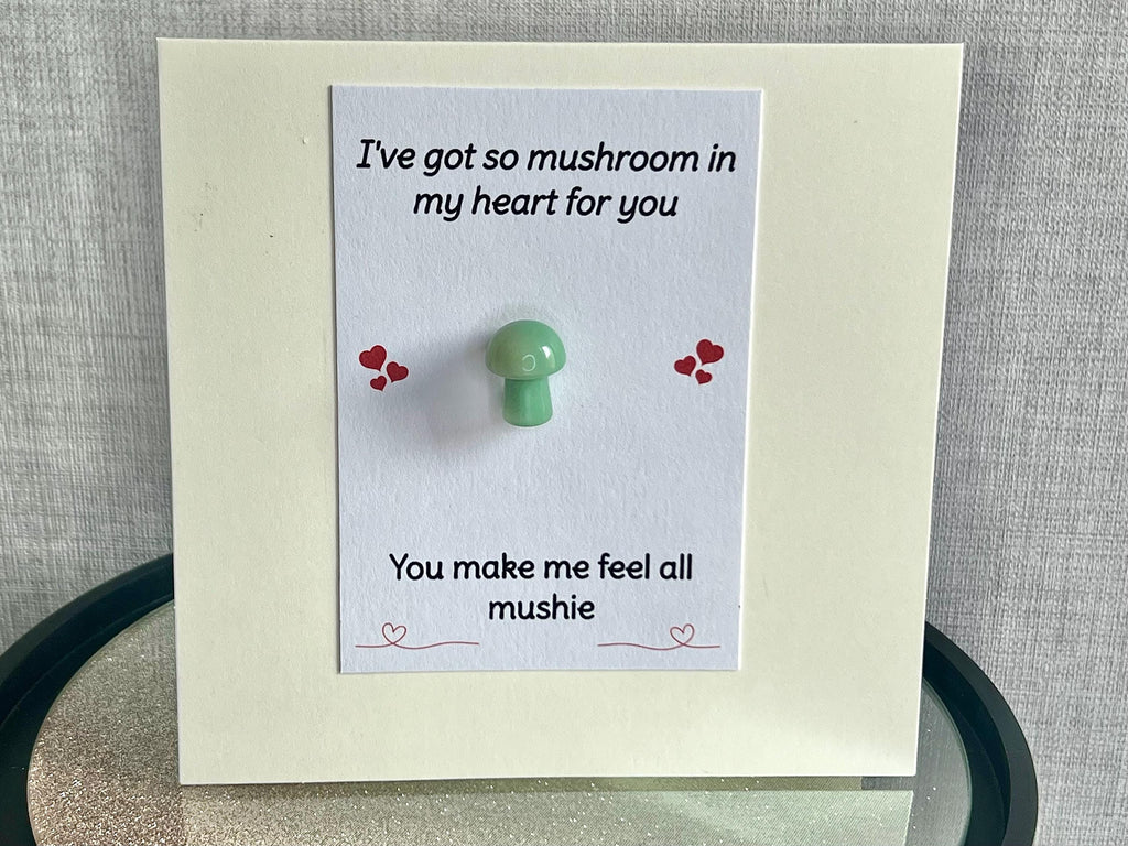 Mushroom Crystal Cards, You make me feel all mushie, Pocket Hug Birthday Card, Funny Gemstones, Gift for him or her, Amethyst, Rose Quartz